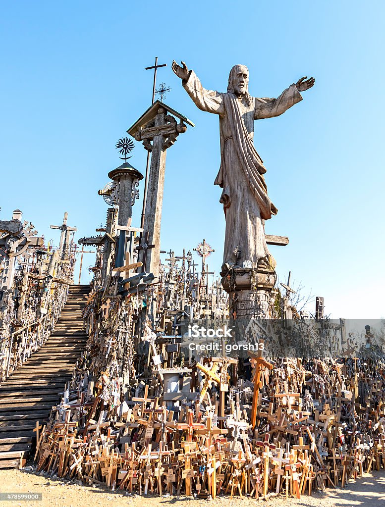 Hill of Crosses Hill of the Crosses near Siauliai city in Lithuania is one of the most important pilgrimage sights of the Baltic region.   2015 Stock Photo