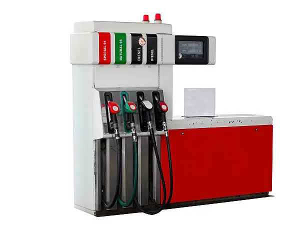 Isolated red fuel dispenser at the gas station with four hoses, ideal for presentations or websites