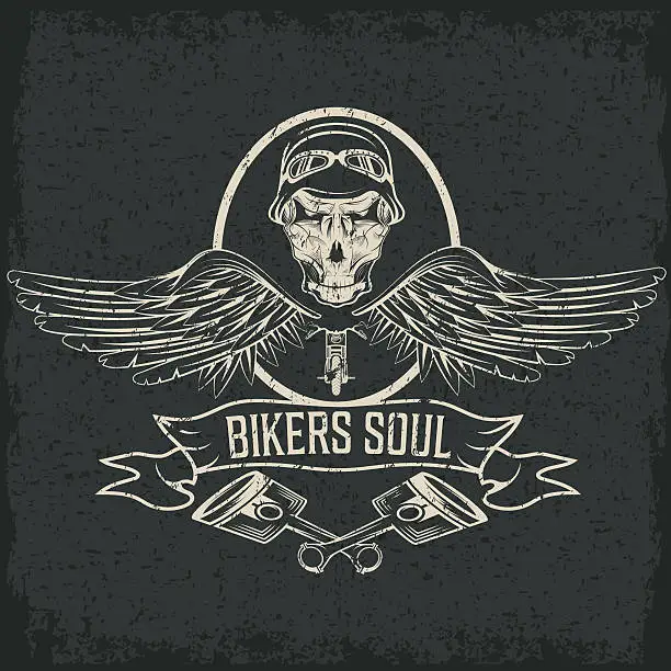 Vector illustration of biker theme label with pistons and skulls with wings