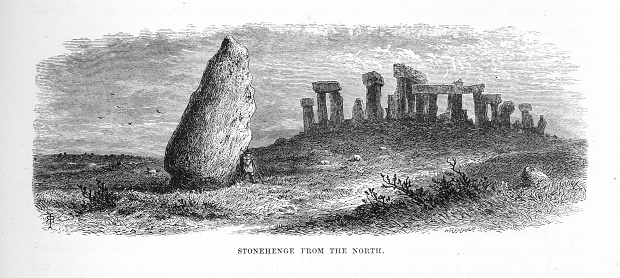 Very Rare, Beautifully Illustrated Antique Engraving of Stonehenge on the Salisbury Plain Near Amesbury Engraving from Our Own Country, Great Britain, Descriptive, Historical, Pictorial. Published in 1880. Copyright has expired on this artwork. Digitally restored.