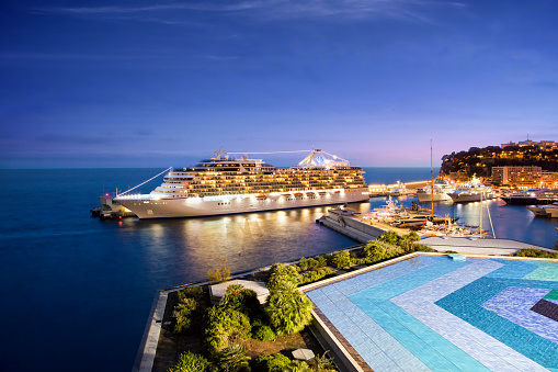 Monte Carlo, Monaco - October 07, 2014: Oceania Cruises ship Marina  docked at port of Monte Carlo, Monaco on October 07, 2014. Marina blends sophistication with a contemporary flair to create a casually elegant ambiance