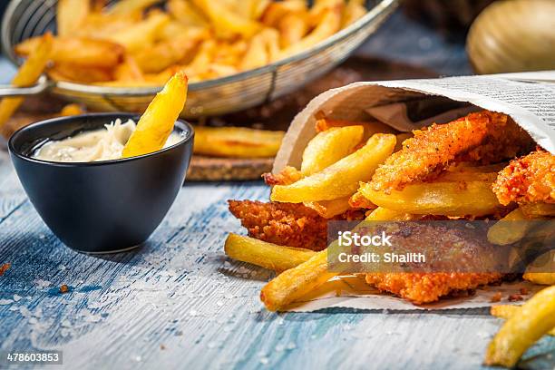 Closeup Of Homemade Fish Chips Stock Photo - Download Image Now - Fish and Chips, Newspaper, Basket