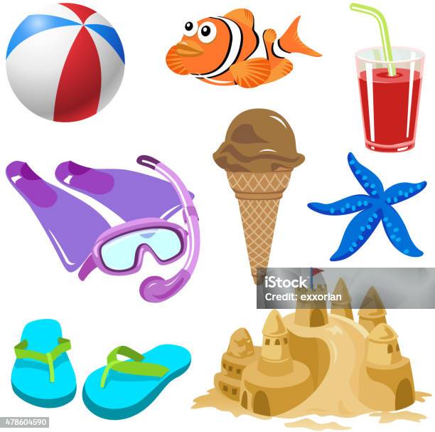 Summer Beach Design Elements Stock Illustration - Download Image Now - 2015, Aquatic Organism, Beach