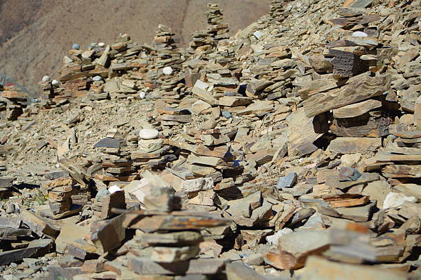 Some cairns-stacked stones seemingly of slate half way up to the 4793 ms.high Kamba La-pass on the Southern Friendship Highway. Lhoka or Shannan pref.-Tibet.