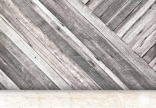 istock Empty room with diagonal wooden wall and marble floor room 478609254