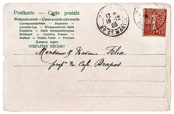 old used handwritten postcard letter with stamp and unreadable undefined address text