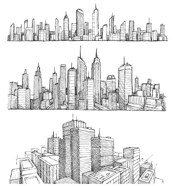 Hand drawn big city cityscapes and buildings vector art illustration