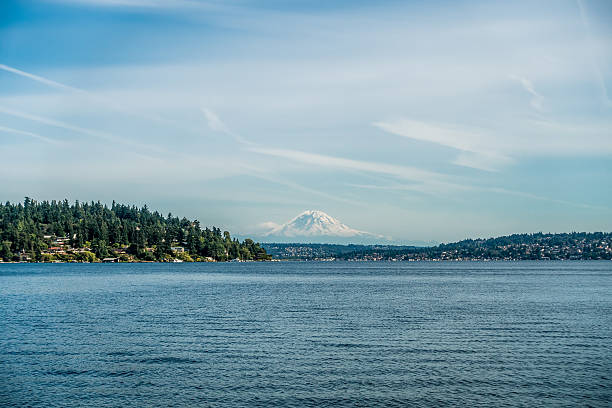 Mount Rainier can be seen in the distance with Lake Washington  in the foregrund. Mercer Island is on the left. Shot taken at Seward Park.