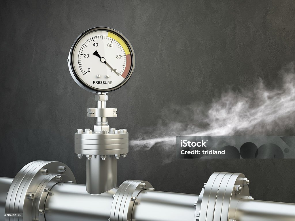 Pressure Gauge Gas or steam leaking from an industrial pressure gauge. HD 3d Render. Physical Pressure Stock Photo