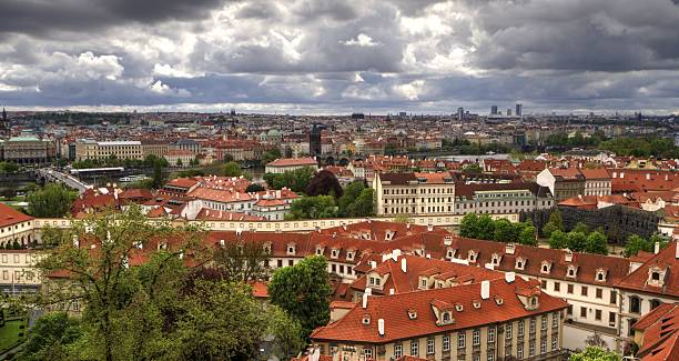 istock Panoramic view of Prague rooftops on overcast day 478623818