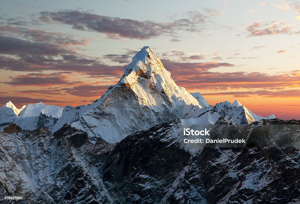 Evening view of Ama Dablam Evening view of Ama Dablam on the way to Everest Base Camp - Nepal Mt. Everest Stock Photo