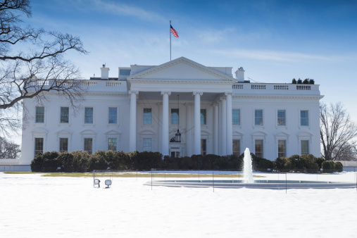 This is the front yard of the White House in Washington, DC during Winter time.