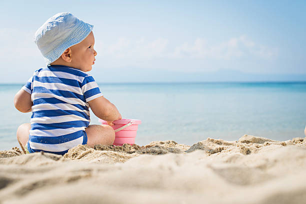 istock Little baby boy sitting on the sand 478630692