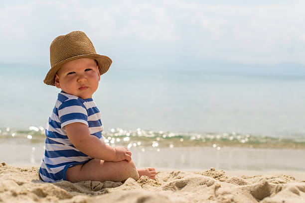 istock Little baby boy sitting on the sand 478630714