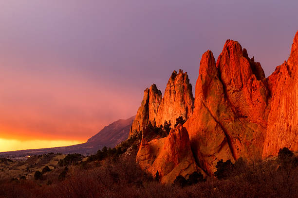 the most beautiful light in the morning hours hitting the rock formation at Garden of the Gods in Colorado