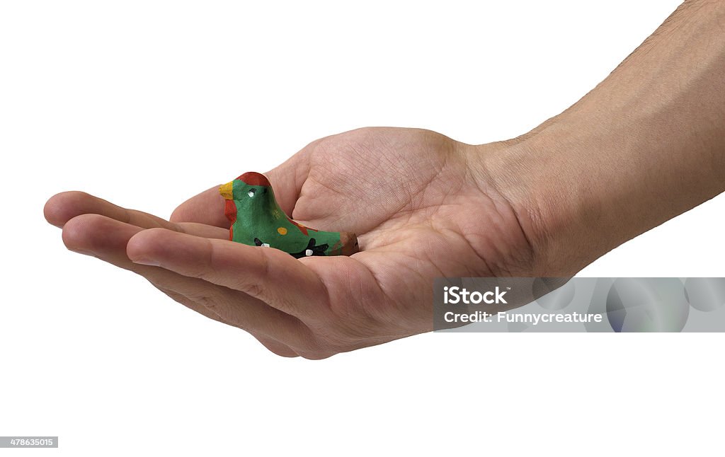 Hand holding a toy bird Hand holding a colorful toy bird Animal Stock Photo