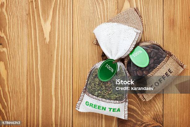 Coffee And Tea Small Bags Stock Photo - Download Image Now - Above, Bag, Brown