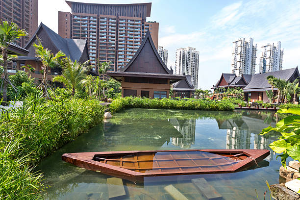 istock boat stop in water with resort building exterior 478647293