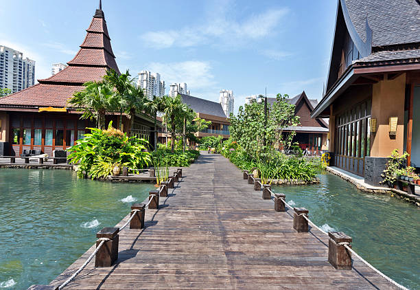 istock wooden pathway to resort building 478647403