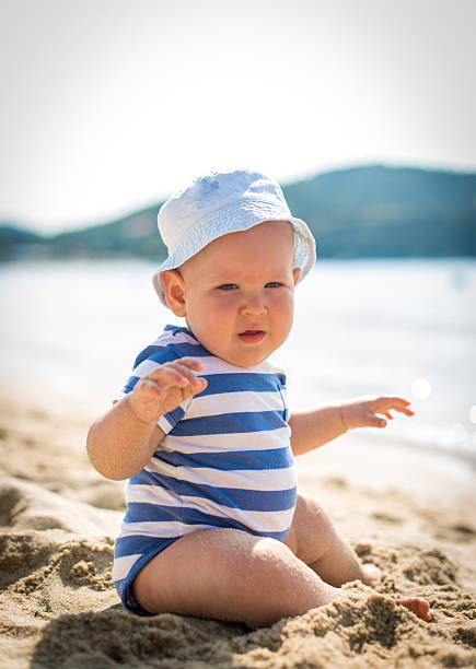 istock Little baby boy sitting on the sand 478649684