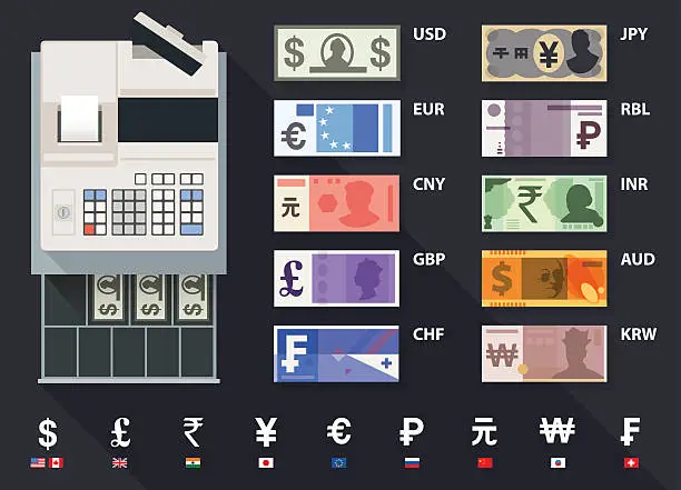 Vector illustration of currency, bank notes and cash register