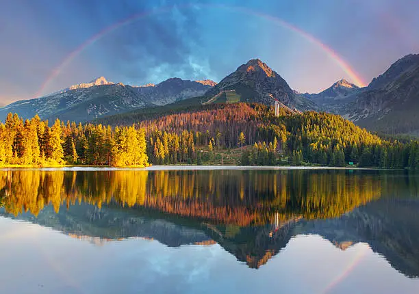 Mountain lake landscape with rainbow - Slovakia, Strbske pleso