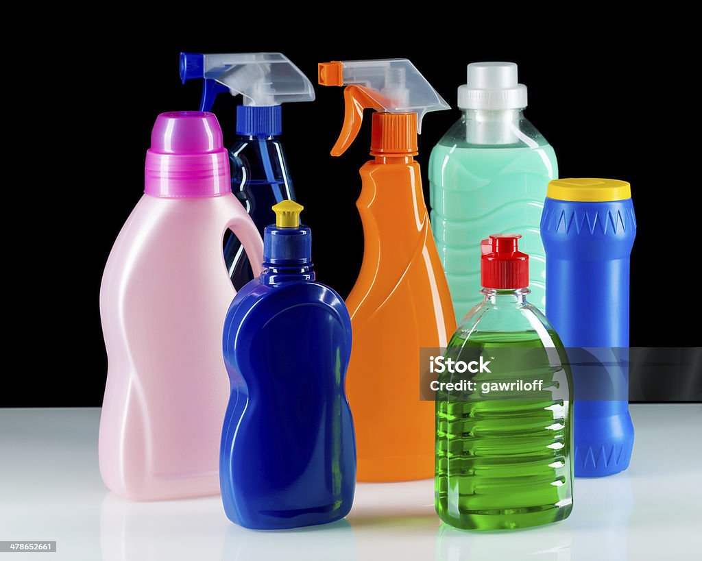 Cleaning product plastic container for house clean Cleaning product plastic container for house clean on black background Chemical Stock Photo