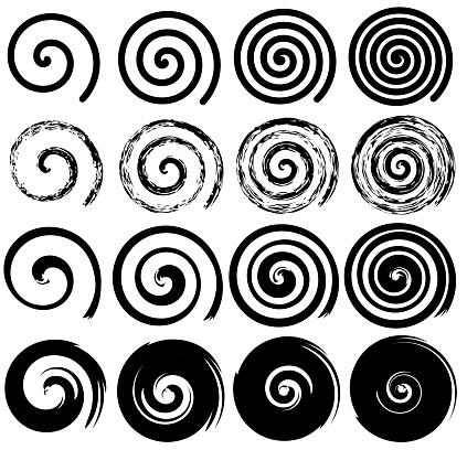 Set of spiral motion elements, black isolated objects, different brush texture, vector illustrations