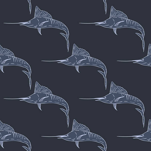 illustrazioni stock, clip art, cartoni animati e icone di tendenza di pesce spada seamless pattern sfondo scuro vettoriale - fish tank