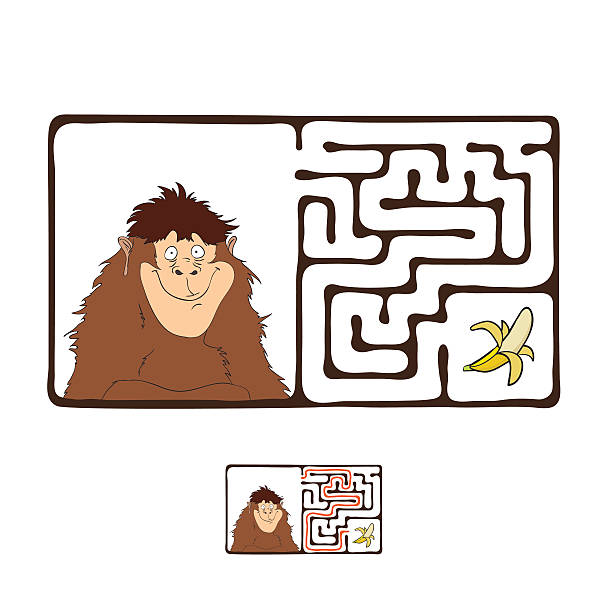 illustrazioni stock, clip art, cartoni animati e icone di tendenza di vettore labirinto, il labirinto con scimmia e banana - silhouette isolated on white illustration and painting street