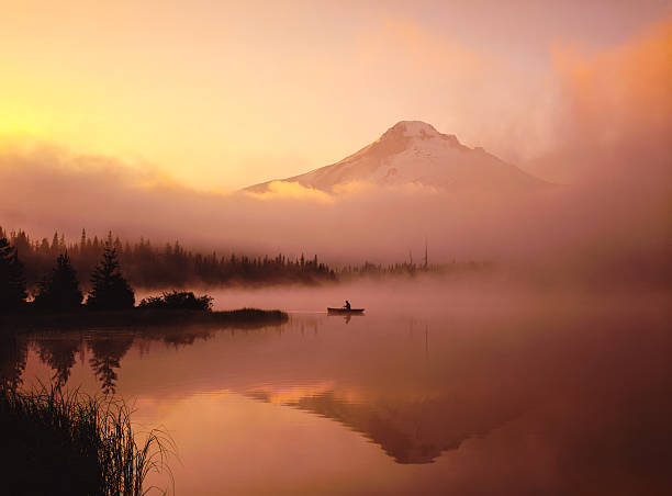 misty manhã, canoagem, com o reflexo do mt. hood, ou - mountain mist fog lake - fotografias e filmes do acervo