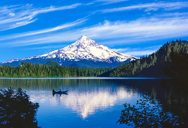 Spring morning at Trillium Lake with Mt. Hood reflection in the deep blue rippling water