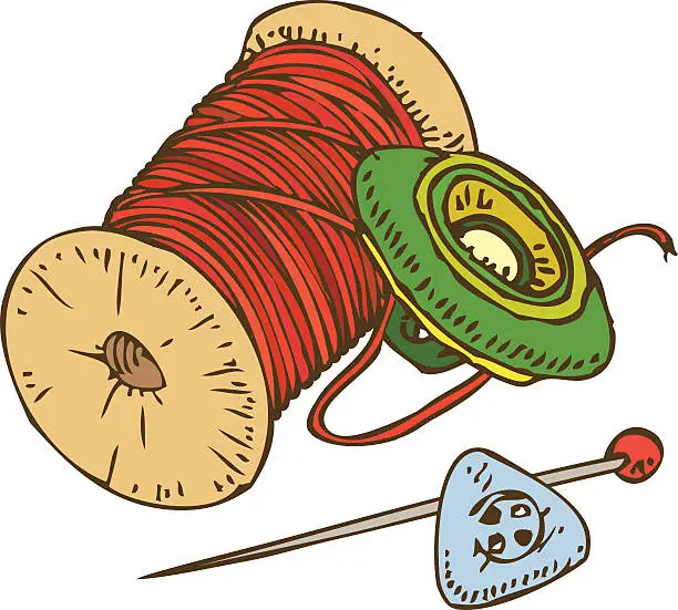 Vector illustration of Spools of  Red Thread, Color Buttons and Pin
