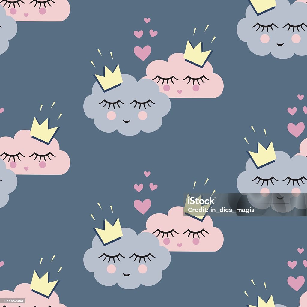 Seamless pattern with smiling sleeping clouds in love for holidays Seamless pattern with smiling sleeping clouds in love for holidays. Unusual design for Valentines Day. Child drawing style. Vector illustration. Love concept background 2015 stock vector