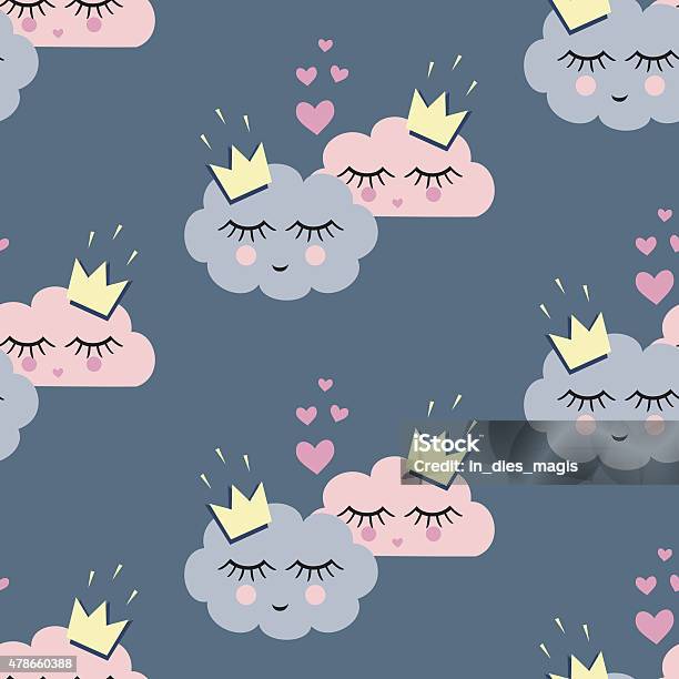 Seamless Pattern With Smiling Sleeping Clouds In Love For Holidays Stock Illustration - Download Image Now