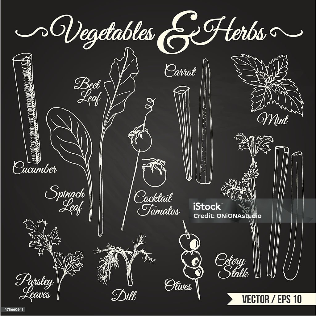 VEGETABLES & HERBS chalkboard Vegetables and herbs drawings set for different usage Art stock vector