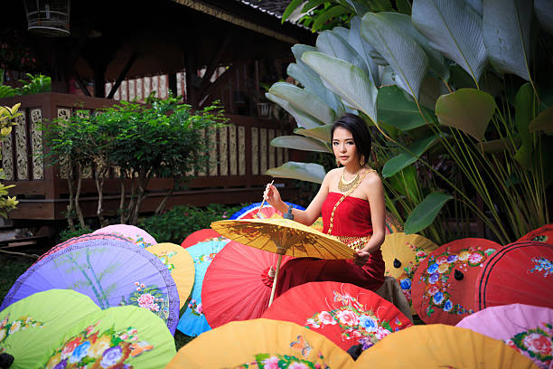 Thai Woman In Traditional Costume Of Thailand painting umbrella