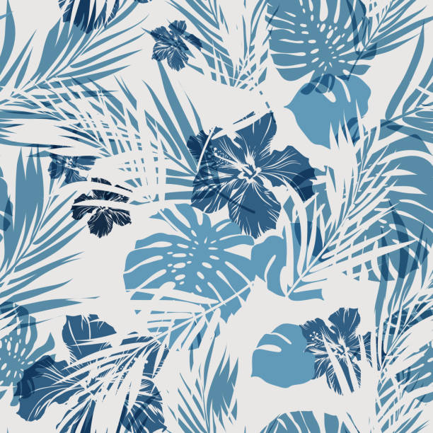 ilustrações, clipart, desenhos animados e ícones de tropical de azul índigo camuflagem perfeita monocromático fundo com folhas e - hawaiian culture hibiscus print pattern