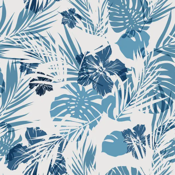 Vector illustration of Tropical seamless monochrome blue indigo camouflage background with leaves and