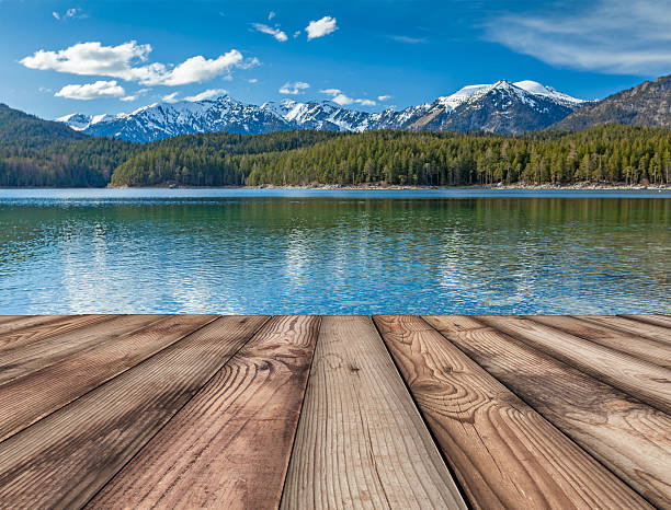 istock Wooden planks background with lake, Germany 478663328