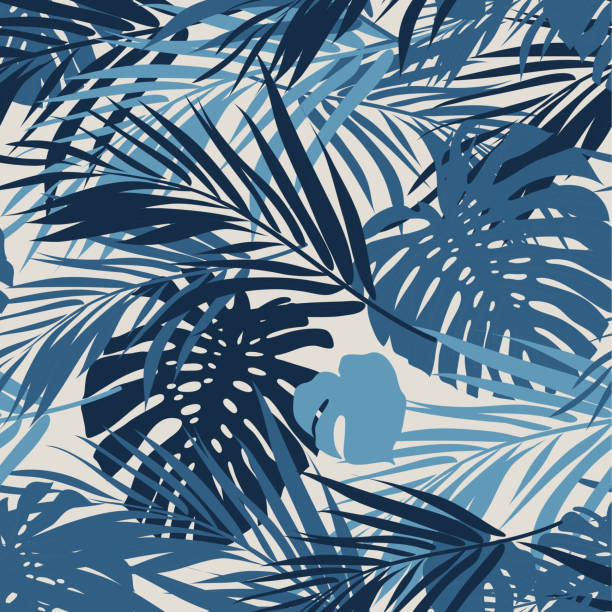 illustrazioni stock, clip art, cartoni animati e icone di tendenza di tropical seamless monocromatica blu indaco con foglie e sfondo mimetico - hawaiian culture hibiscus print pattern