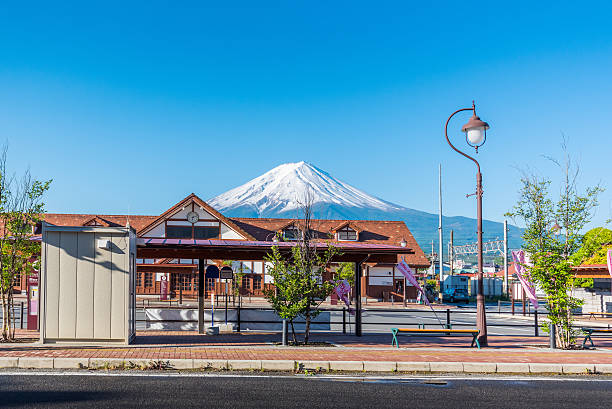 kawaguchiko bus stop with Mount Fuji stock photo