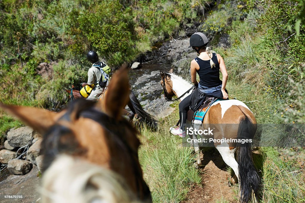 On a guided horseback tour An attractive young woman riding a horse Trail Ride Stock Photo