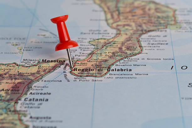 Reggio di Calabria Marked With Red Pushpin on Map Reggio di Calabria marked with red pushpin on map. Selected focus on Reggio di Calabria and pushpin. Pushpin is in an angle. calabria stock pictures, royalty-free photos & images