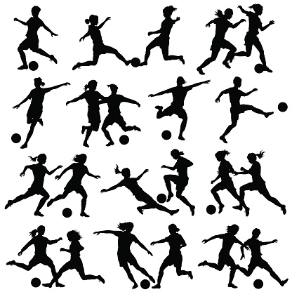 Set of eps8 editable vector silhouettes of women playing football with all figures as separate objects