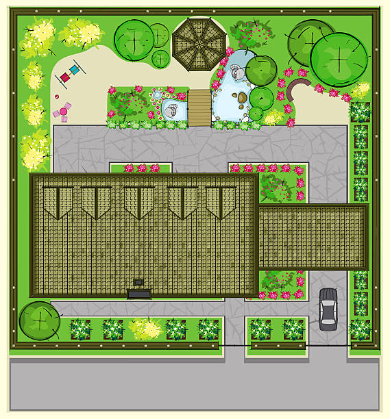 Residential house plan top view Residential house with a beautiful garden. The top view plan. Concept. landscape design stock illustrations