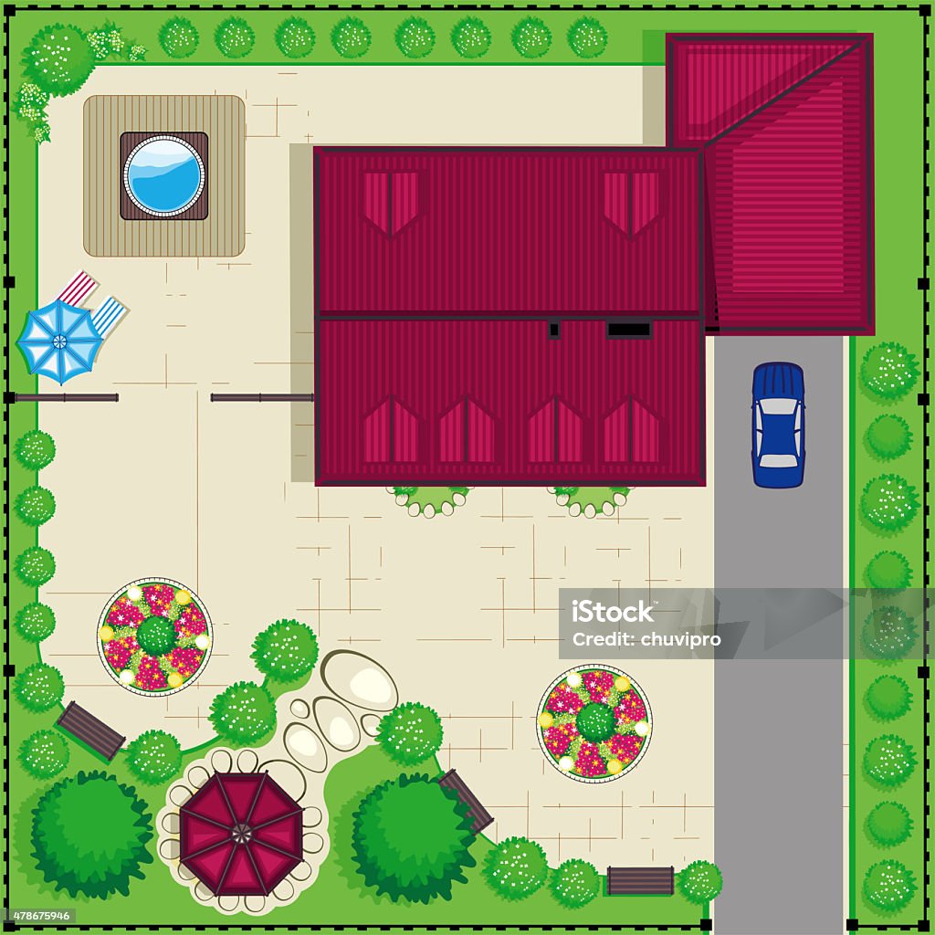 Residential house plan top view Residential house with a beautiful garden. The top view plan. Concept. 2015 stock illustration