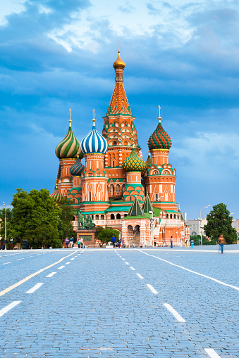 The view of Saint Basil's Cathedral on the Red Square at sunset on June 17, 2015, Moscow, Russia.