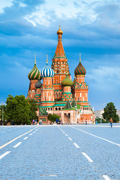 Saint Basil's Cathedral on the Red Square at sunset stock photo