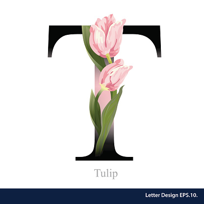 Letter T vector alphabet with Tulip. ABC concept type as logo. Typography design